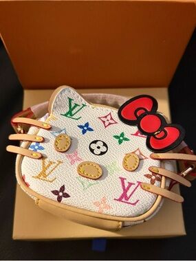 Hello Kitty White Multicolor Monogram Mini Crossbody with Red Bow